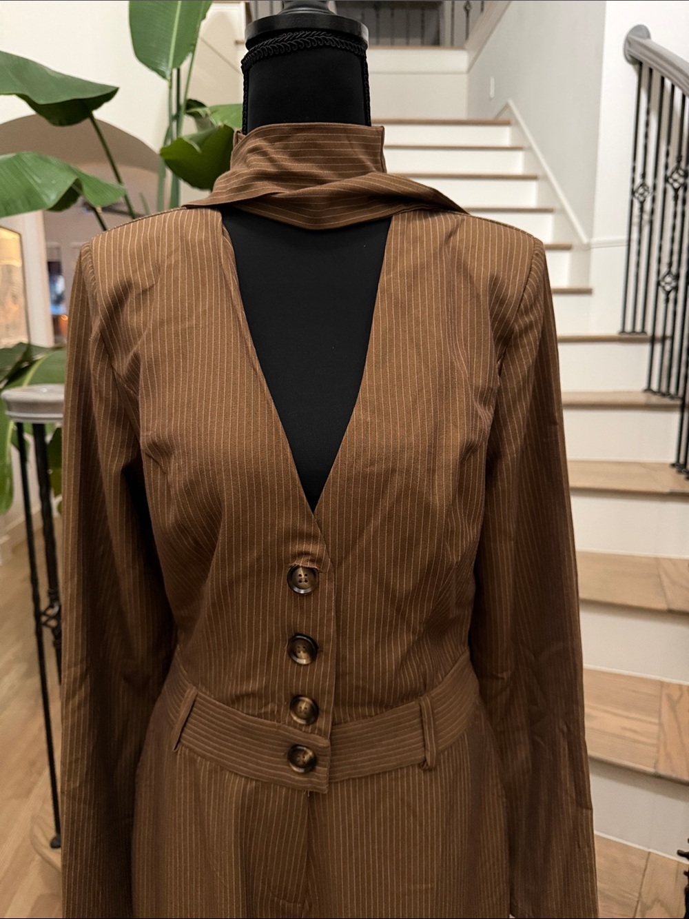 Fashion Nova High-Waist Brown Pinstripe Jumpsuit with Button Front (Medium) - Picture 4 of 6